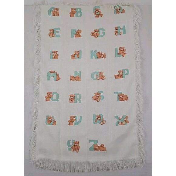 Vtg.Completed Cross Stitch Baby Blanket Little Bear on Letters Custom Made. - Picture 1 of 8